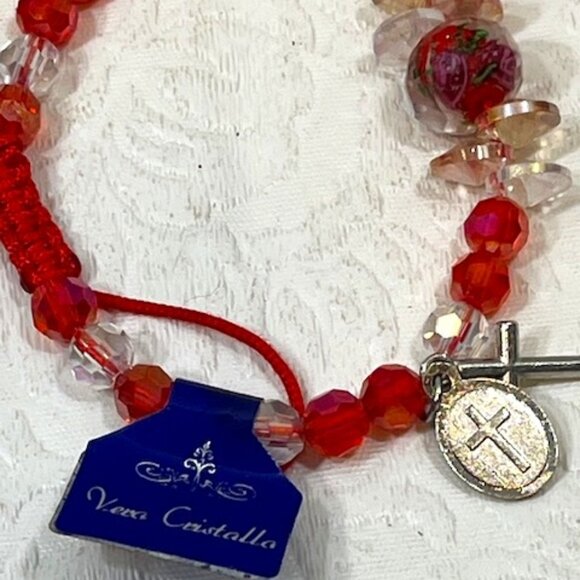 Religious Red & Clear Real Crystal Rosary Bracelet Red Cord Crucifix Charm - Picture 4 of 8
